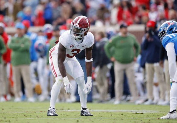 OXFORD, MS - NOVEMBER 12: Alabama Crimson Tide defensive back Terrion Arnold (3) lines up on defense during a college football game against the Mississippi Rebels on November 12, 2022 at Vaught-Hemingway Stadium in Oxford, Mississippi. (Photo by Joe Robbins/Icon Sportswire via Getty Images)