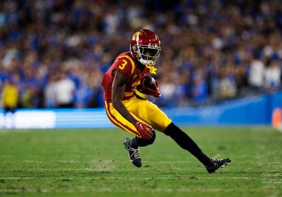 PASADENA, CA - NOVEMBER 19: USC Trojans wide receiver Jordan Addison (3) runs after the catch during the NCAA college football game between the USC Trojans and the UCLA Bruins on November 19, 2022 at the Rose Bowl Stadium in Pasadena, CA. (Photo by Ric Tapia/Icon Sportswire via Getty Images)