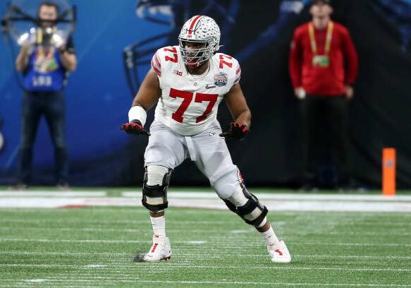 ATLANTA, GA - DECEMBER 31:  Ohio State Buckeyes offensive lineman Paris Johnson Jr. (77) during the college football Playoff Semifinal game at the Chick-fil-a Peach Bowl between the Georgia Bulldogs and the Ohio State Buckeyes on December 31, 2022 at Mercedes-Benz Stadium in Atlanta, Georgia.  (Photo by Michael Wade/Icon Sportswire via Getty Images)