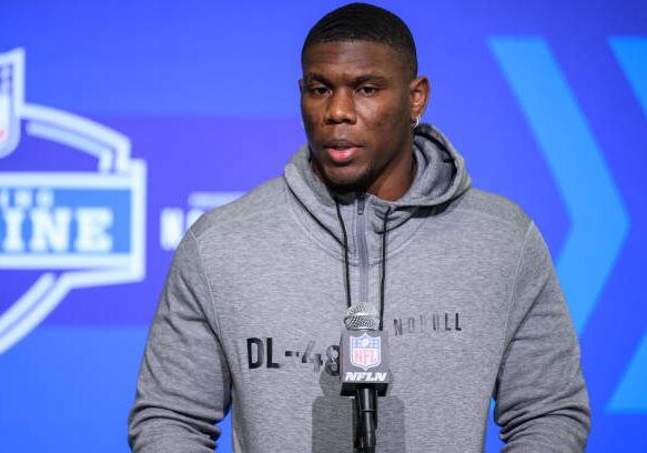 INDIANAPOLIS, IN - MARCH 01: Georgia Tech defensive lineman Keion White answers questions from the media during the NFL Scouting Combine on March 1, 2023, at the Indiana Convention Center in Indianapolis, IN. (Photo by Zach Bolinger/Icon Sportswire via Getty Images)