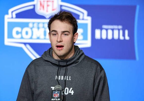 INDIANAPOLIS, IN - MARCH 03: Tight end Dalton Kincaid of Utah speaks to the media during the NFL Combine at Lucas Oil Stadium on March 3, 2023 in Indianapolis, Indiana. (Photo by Michael Hickey/Getty Images)