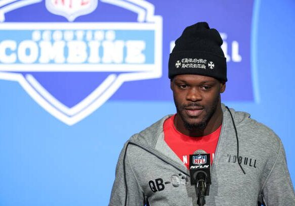 INDIANAPOLIS, IN - MARCH 03: Quarterback Malik Cunningham of Louisville speaks to the media during the NFL Combine at Lucas Oil Stadium on March 3, 2023 in Indianapolis, Indiana. (Photo by Michael Hickey/Getty Images)