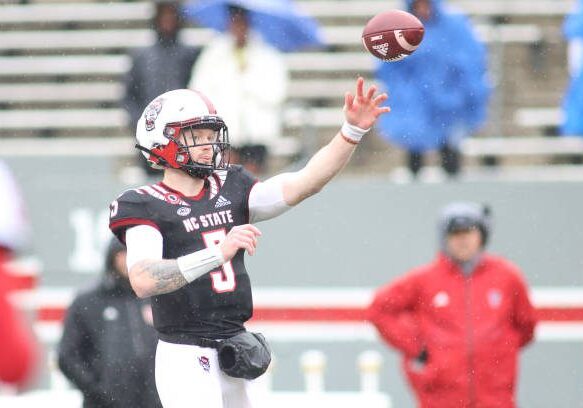 RALEIGH, NC - APRIL 08: NC State quarterback Brennan Armstrong (5) throws the ball during the NC State spring football game on April 8, 2023, at Carter-Finley Stadium in Raleigh, NC. (Photo by Nicholas Faulkner/Icon Sportswire via Getty Images)