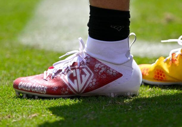 LOS ANGELES, CA - APRIL 15: Detailed view of the football cleats worn by quarterback Caleb Williams #13 of the USC Trojans during the USC spring game at the Los Angeles Memorial Coliseum on April 15, 2023 in Los Angeles, California. (Photo by Jayne Kamin-Oncea/Getty Images)