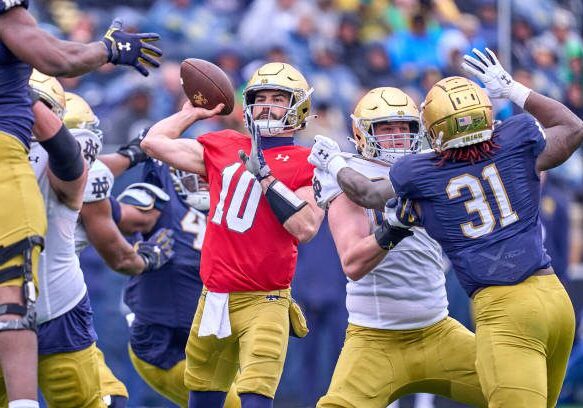 SOUTH BEND, INDIANA - APRIL 22: Notre Dame Fighting Irish quarterback Sam Hartman (10) throws the football during the Notre Dame Blue-Gold Spring Football Game at Notre Dame Stadium on April 22, 2023 in South Bend, Indiana. (Photo by Robin Alam/Icon Sportswire via Getty Images)