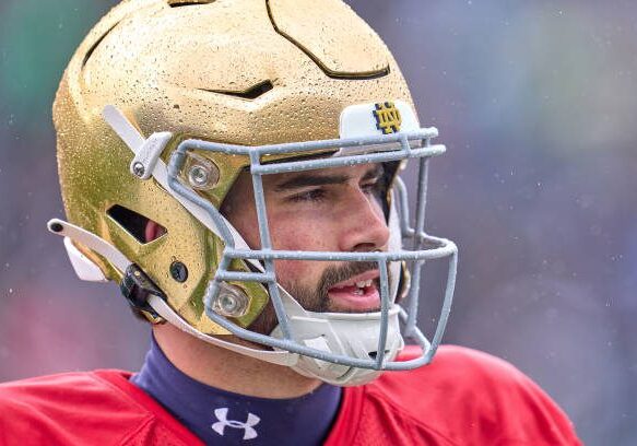 SOUTH BEND, INDIANA - APRIL 22: Notre Dame Fighting Irish quarterback Sam Hartman (10) looks on during the Notre Dame Blue-Gold Spring Football Game at Notre Dame Stadium on April 22, 2023 in South Bend, Indiana. (Photo by Robin Alam/Icon Sportswire via Getty Images)