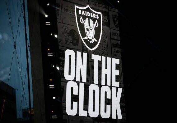KANSAS CITY, MO - APRIL 27:  The on the clock branding is displayed for the Las Vegas Raiders during Round One of the 2023 NFL Draft on Thursday April 27, 2023 at Union Station in Kansas City, MO.  (Photo by Nick Tre. Smith/Icon Sportswire via Getty Images)