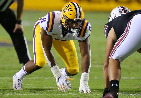 BATON ROUGE, LOUISIANA - OCTOBER 24: BJ Ojulari #8 of the LSU Tigers in action against the South Carolina Gamecocks during a game at Tiger Stadium on October 24, 2020 in Baton Rouge, Louisiana. (Photo by Jonathan Bachman/Getty Images)