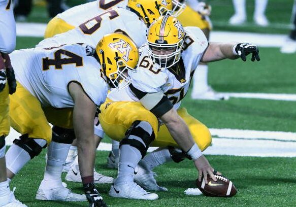 COLLEGE PARK, MD - OCTOBER 30:  John Michael Schmitz #60 of the Minnesota Golden Gophers during a college football game against the Maryland Terrapins on October 30, 2020 at Capital One Field at Maryland Stadium in College Park, Maryland.  (Photo by Mitchell Layton/Getty Images)