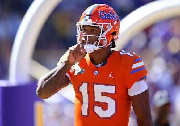 BATON ROUGE, LOUISIANA - OCTOBER 16: Anthony Richardson #15 of the Florida Gators reacts against the LSU Tigers during a game at Tiger Stadium on October 16, 2021 in Baton Rouge, Louisiana. (Photo by Jonathan Bachman/Getty Images)