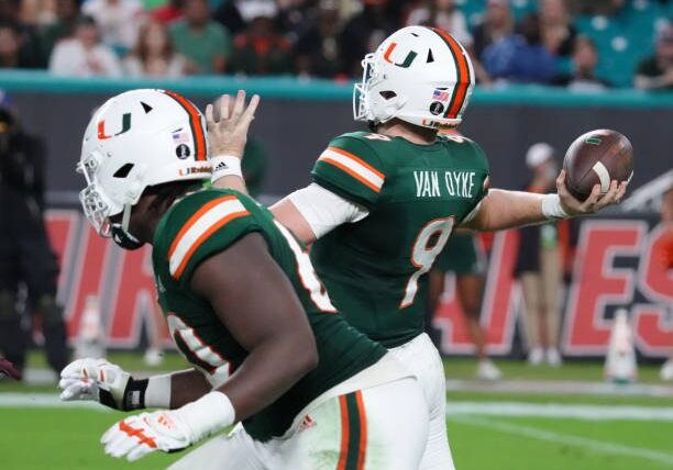 MIAMI GARDENS, FLORIDA - NOVEMBER 20: Tyler Van Dyke #9 of the Miami Hurricanes throws a pass for a touchdown against the Virginia Tech Hokies during the first half at Hard Rock Stadium on November 20, 2021 in Miami Gardens, Florida. (Photo by Mark Brown/Getty Images)