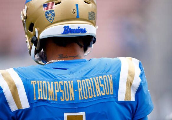 PASADENA, CALIFORNIA - SEPTEMBER 10: Dorian Thompson-Robinson #1 of the UCLA Bruins before a game between the Alabama State Hornets and the UCLA Bruins at Rose Bowl Stadiu on September 10, 2022 in Pasadena, California. (Photo by Ronald Martinez/Getty Images)