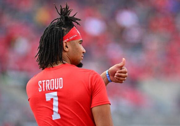 COLUMBUS, OHIO - SEPTEMBER 17: C.J. Stroud #7 of the Ohio State Buckeyes warms up prior to a game against the Toledo Rockets at Ohio Stadium on September 17, 2022 in Columbus, Ohio. (Photo by Ben Jackson/Getty Images)