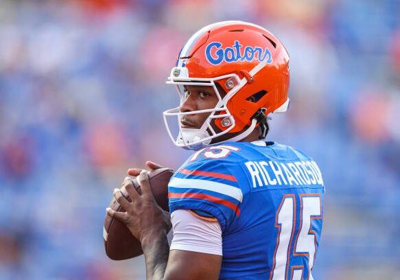 GAINESVILLE, FLORIDA - SEPTEMBER 17: Anthony Richardson #15 of the Florida Gators warms up before the start of a game against the South Florida Bulls at Ben Hill Griffin Stadium on September 17, 2022 in Gainesville, Florida. (Photo by James Gilbert/Getty Images)