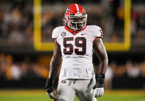 COLUMBIA, MO - OCTOBER 01: Broderick Jones #59 of the Georgia Bulldogs gets into position before the snap during the second half against the Missouri Tigers at Faurot Field/Memorial Stadium on October 1, 2022 in Columbia, Missouri. (Photo by Jay Biggerstaff/Getty Images)