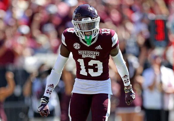 STARKVILLE, MISSISSIPPI - OCTOBER 08: Emmanuel Forbes #13 of the Mississippi State Bulldogs reacts during the game against the Arkansas Razorbacks at Davis Wade Stadium on October 08, 2022 in Starkville, Mississippi. (Photo by Justin Ford/Getty Images)