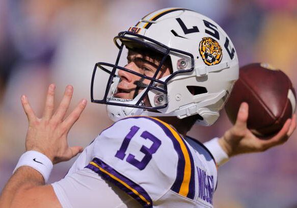 BATON ROUGE, LOUISIANA - OCTOBER 08: Garrett Nussmeier #13 of the LSU Tigers warms up during a game against the Tennessee Volunteers at Tiger Stadium on October 08, 2022 in Baton Rouge, Louisiana. (Photo by Jonathan Bachman/Getty Images)