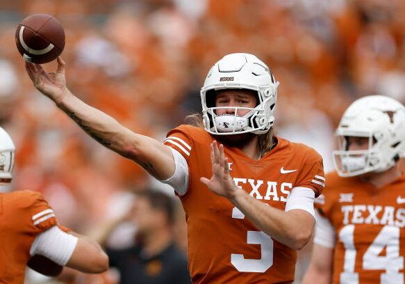 AUSTIN, TEXAS - OCTOBER 15: Quinn Ewers #3 of the Texas Longhorns throws a pass before the game against the Iowa State Cyclones at Darrell K Royal-Texas Memorial Stadium on October 15, 2022 in Austin, Texas. (Photo by Tim Warner/Getty Images)