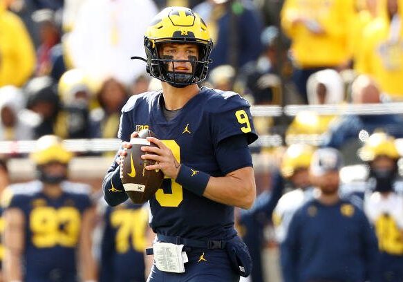ANN ARBOR, MICHIGAN - OCTOBER 15: J.J. McCarthy #9 of the Michigan Wolverines looks to throw a pass in the second half of a game against the Penn State Nittany Lions at Michigan Stadium on October 15, 2022 in Ann Arbor, Michigan. (Photo by Mike Mulholland/Getty Images)