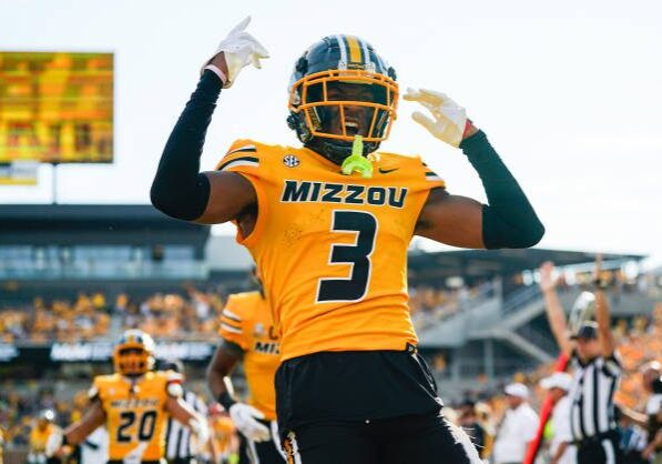 COLUMBIA, MO - OCTOBER 22: Luther Burden III #3 of the Missouri Tigers celebrates after scoring a touchdown during the first half against the Vanderbilt Commodores at Faurot Field/Memorial Stadium on October 22, 2022 in Columbia, Missouri. (Photo by Jay Biggerstaff/Getty Images)