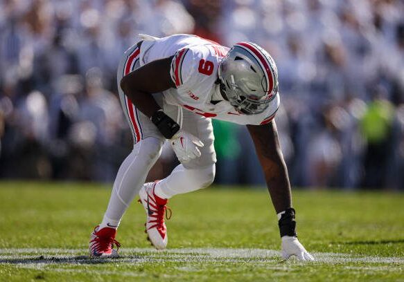 STATE COLLEGE, PA - OCTOBER 29: Zach Harrison #9 of the Ohio State Buckeyes lines up against the Penn State Nittany Lions during the first half at Beaver Stadium on October 29, 2022 in State College, Pennsylvania. (Photo by Scott Taetsch/Getty Images)