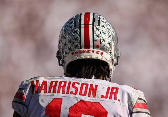 STATE COLLEGE, PA - OCTOBER 29: Marvin Harrison Jr. #18 of the Ohio State Buckeyes looks on against the Penn State Nittany Lions during the second half at Beaver Stadium on October 29, 2022 in State College, Pennsylvania. (Photo by Scott Taetsch/Getty Images)