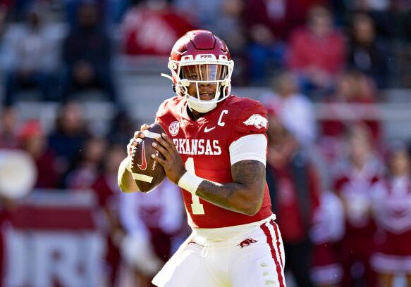 FAYETTEVILLE, ARKANSAS - NOVEMBER 05:  K.J. Jefferson #1 of the Arkansas Razorbacks drops back to pass during the first half of a game against the Liberty Flames at Donald W. Reynolds Razorback Stadium on November 05, 2022 in Fayetteville, Arkansas. (Photo by Wesley Hitt/Getty Images)