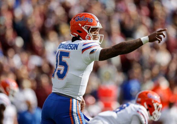COLLEGE STATION, TEXAS - NOVEMBER 05: Anthony Richardson #15 of the Florida Gators signals at the line of scrimmage in the first half against the Texas A&amp;M Aggies at Kyle Field on November 05, 2022 in College Station, Texas. (Photo by Tim Warner/Getty Images)