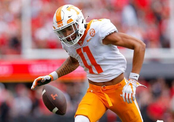 ATHENS, GA - NOVEMBER 05: Jalin Hyatt #11 of the Tennessee Volunteers fails to bring in the catch in the first half against the Georgia Bulldogs at Sanford Stadium on November 5, 2022 in Athens, Georgia. (Photo by Todd Kirkland/Getty Images)