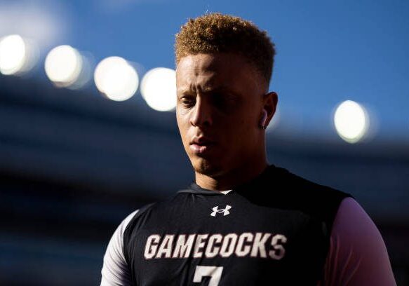 GAINESVILLE, FLORIDA - NOVEMBER 12: Spencer Rattler #7 of the South Carolina Gamecocks heads to the locker room before the start of a game against the Florida Gators at Ben Hill Griffin Stadium on November 12, 2022 in Gainesville, Florida. (Photo by James Gilbert/Getty Images)