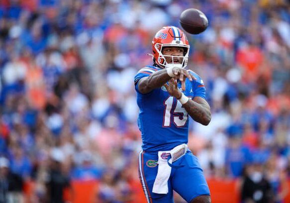 GAINESVILLE, FLORIDA - NOVEMBER 12: Anthony Richardson #15 of the Florida Gators throws a pass during the first half of a game against the South Carolina Gamecocks at Ben Hill Griffin Stadium on November 12, 2022 in Gainesville, Florida. (Photo by James Gilbert/Getty Images)