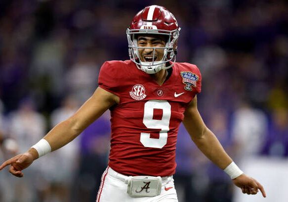 NEW ORLEANS, LOUISIANA - DECEMBER 31: Bryce Young #9 of the Alabama Crimson Tide reacts after throwing a touchdown pass during the fourth quarter of the Allstate Sugar Bowl against the Kansas State Wildcats at Caesars Superdome on December 31, 2022 in New Orleans, Louisiana. (Photo by Sean Gardner/Getty Images)