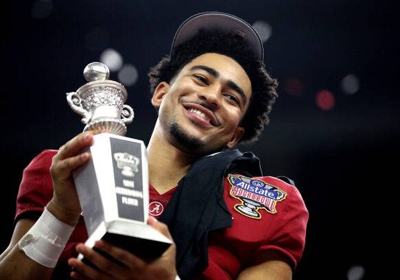 NEW ORLEANS, LOUISIANA - DECEMBER 31: Bryce Young #9 of the Alabama Crimson Tide celebrates after recieving MVP award during of the Allstate Sugar Bowl against the Kansas State Wildcats at Caesars Superdome on December 31, 2022 in New Orleans, Louisiana. Alabama Crimson Tide won the game 45 - 20. (Photo by Sean Gardner/Getty Images)