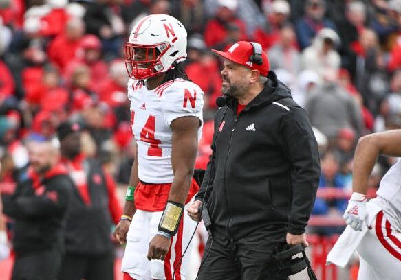 LINCOLN, NE - APRIL 22: Head coach Matt Rhule of Nebraska Cornhuskers and quarterback Jeff Sims #14 discuss a play at Memorial Stadium on April 22, 2023 in Lincoln, Nebraska. (Photo by Steven Branscombe/Getty Images)