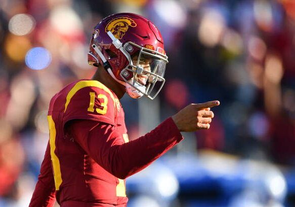 LOS ANGELES, CA - AUGUST 26: USC Trojans quarterback Caleb Williams (13) celebrates after a touchdown pass during a game between the San Jose State Spartans and the USC Trojans on August 26, 2023, at Los Angeles Memorial Coliseum in Los Angeles, CA. (Photo by Brian Rothmuller/Icon Sportswire via Getty Images)