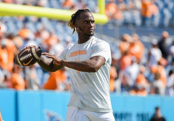 NASHVILLE, TENNESSEE - SEPTEMBER 2: Joe Milton III #7 of the Tennessee Volunteers warms up against the Virginia Cavaliers at Nissan Stadium on September 2, 2023 in Nashville, Tennessee. (Photo by Carly Mackler/Getty Images)