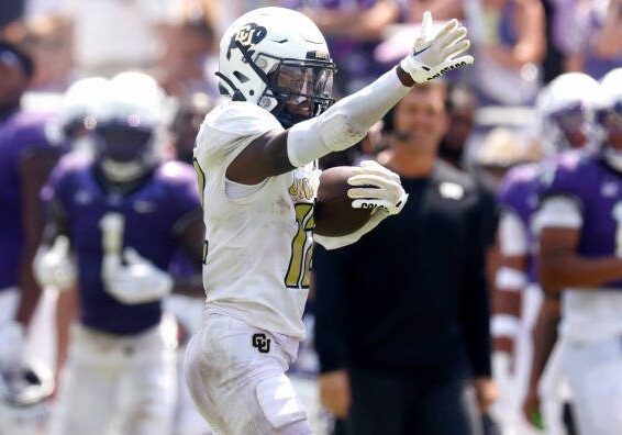 FORT WORTH, TX - SEPTEMBER 2: Travis Hunter #12 of the Colorado Buffaloes signals first down after a catch against the TCU Horned Frogs during the second half at Amon G. Carter Stadium on September 2, 2023 in Fort Worth, Texas. Colorado won 45-42. (Photo by Ron Jenkins/Getty Images)