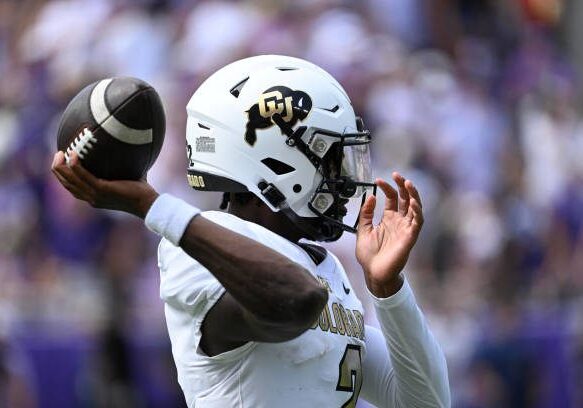 College Football: Colorado Shedeur Sanders (2) in action, throws the football vs. TCU at Amon G. Carter Stadium. 
Fort Worth, TX 9/2/2023
CREDIT: Greg Nelson (Photo by Greg Nelson/Sports Illustrated via Getty Images) 
(Set Number: X164412 TK1)