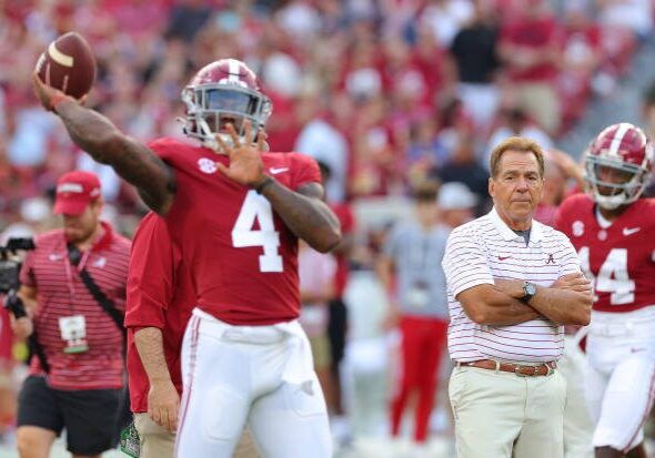 TUSCALOOSA, ALABAMA - SEPTEMBER 02:  Head coach Nick Saban of the Alabama Crimson Tide looks on as Jalen Milroe #4 of the Alabama Crimson Tide warms up prior to facing the Middle Tennessee Blue Raiders at Bryant-Denny Stadium on September 02, 2023 in Tuscaloosa, Alabama. (Photo by Kevin C. Cox/Getty Images)