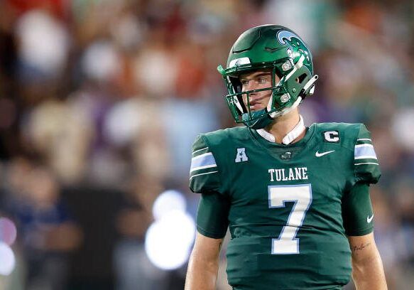 NEW ORLEANS, LOUISIANA - SEPTEMBER 02: Michael Pratt #7 of the Tulane Green Wave in action against the University of Southern Alabama at Yulman Stadium on September 02, 2023 in New Orleans, Louisiana. (Photo by Chris Graythen/Getty Images)