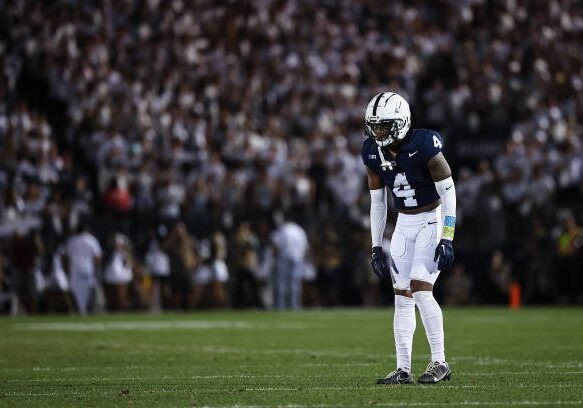 STATE COLLEGE, PA - SEPTEMBER 02: Kalen King #4 of the Penn State Nittany Lions lines up against the West Virginia Mountaineers during the first half of the game at Beaver Stadium on September 2, 2023 in State College, Pennsylvania. (Photo by Scott Taetsch/Getty Images)