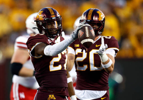 MINNEAPOLIS, MINNESOTA - AUGUST 31: Tyler Nubin #27 of the Minnesota Golden Gophers celebrates his interception against the Nebraska Cornhuskers in the first half at Huntington Bank Stadium on August 31, 2023 in Minneapolis, Minnesota. The Golden Gophers defeated the Cornhuskers 13-10. (Photo by David Berding/Getty Images)