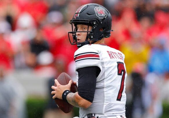 ATHENS, GEORGIA - SEPTEMBER 16: Spencer Rattler #7 of the South Carolina Gamecocks passes during the first half against the Georgia Bulldogs at Sanford Stadium on September 16, 2023 in Athens, Georgia. (Photo by Todd Kirkland/Getty Images)