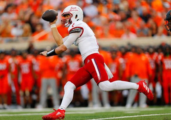 STILLWATER, OK - SEPTEMBER 16:  Quarterback Carter Bradley #2 of the South Alabama Jaguars looks too throw against the Oklahoma State Cowboys in the second quarter at Boone Pickens Stadium on September 16, 2023 in Stillwater, Oklahoma.  (Photo by Brian Bahr/Getty Images)