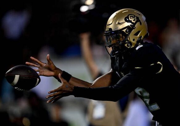 BOULDER, CO - SEPTEMBER 16:  Quarterback Shedeur Sanders #2 of the Colorado Buffaloes warms up before a game against the Colorado State Rams at Folsom Field on September 16, 2023 in Boulder, Colorado. (Photo by Dustin Bradford/Getty Images)