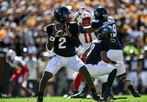 BOULDER, CO - SEPTEMBER 9:  Quarterback Shedeur Sanders #2 of the Colorado Buffaloes passes in the first quarter against the Nebraska Cornhuskers at Folsom Field on September 9, 2023 in Boulder, Colorado. (Photo by Dustin Bradford/Getty Images)