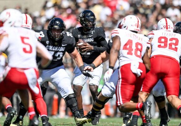 BOULDER, CO - SEPTEMBER 9:  Quarterback Shedeur Sanders #2 of the Colorado Buffaloes sets to pass against the Nebraska Cornhuskers in the fourth quarter at Folsom Field on September 9, 2023 in Boulder, Colorado. (Photo by Dustin Bradford/Getty Images)