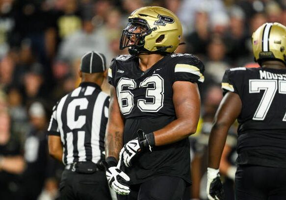 WEST LAFAYETTE, IN - SEPTEMBER 16: Purdue Boilermakers offensive lineman Marcus Mbow (63) looks up at the video board during the college football game between the Purdue Boilermakers and Syracuse Orange on September 16, 2023, at Ross-Ade Stadium in West Lafayette, IN. (Photo by Zach Bolinger/Icon Sportswire via Getty Images)