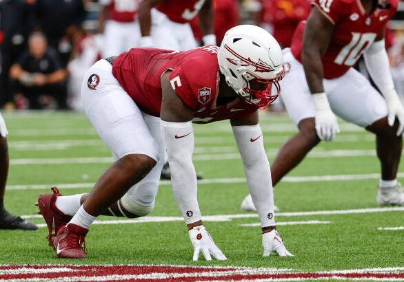 CHESTNUT HILL, MA - SEPTEMBER 16: Florida State Seminoles defensive lineman Jared Verse (5) during a game between the Boston College Eagles and the Florida State Seminoles on September 16, 2023, at Alumni Stadium in Chestnut Hill, Massachusetts. (Photo by Fred Kfoury III/Icon Sportswire via Getty Images)