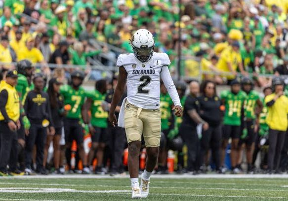 EUGENE, OREGON - SEPTEMBER 23: Quarterback Shedeur Sanders #2 of the Colorado Buffaloes walks off the field against the Oregon Ducks at Autzen Stadium on September 23, 2023 in Eugene, Oregon. (Photo by Tom Hauck/Getty Images)